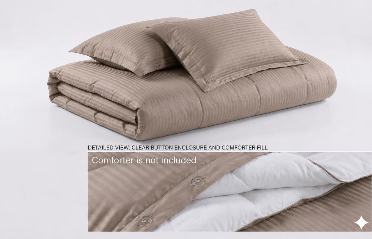 Damask Stripes 300-Thread-Count, 100-Percent Cotton - Extra Long-XL 2PC Duvet Cover Set with Buttons
