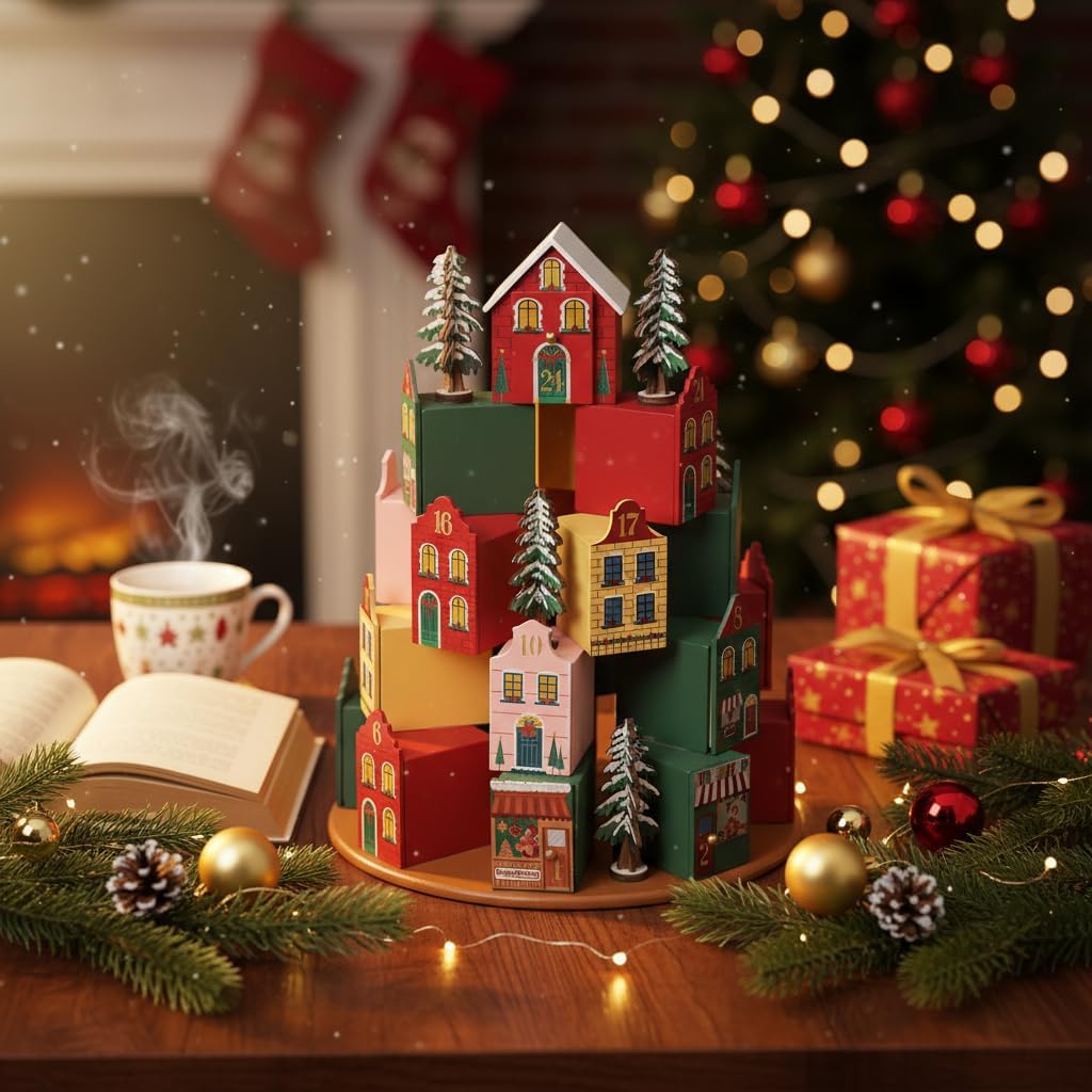 Extra Large Wooden Christmas Village Advent Calendar House | 24 Day Reusable Drawer Countdown to Xmas Decor