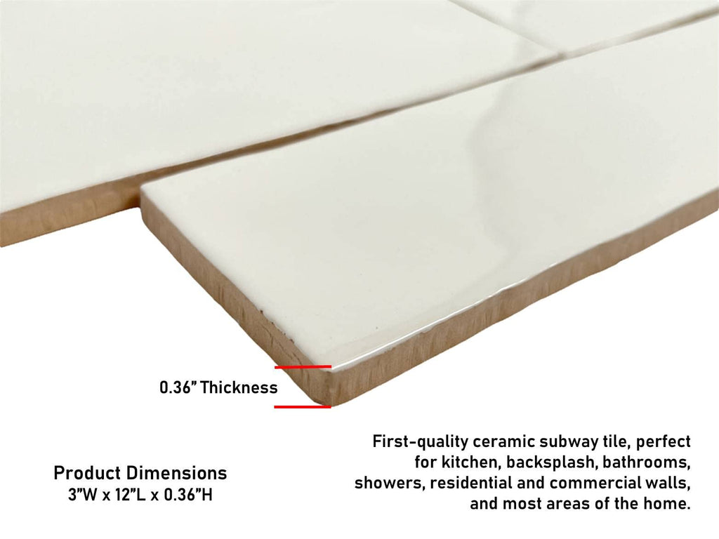 3x12 Bone Handmade Look Ceramic Subway Tile Walls & Kitchen Backsplashes - Classic Gloss Finish (Box Covers 5.5 Sq.
