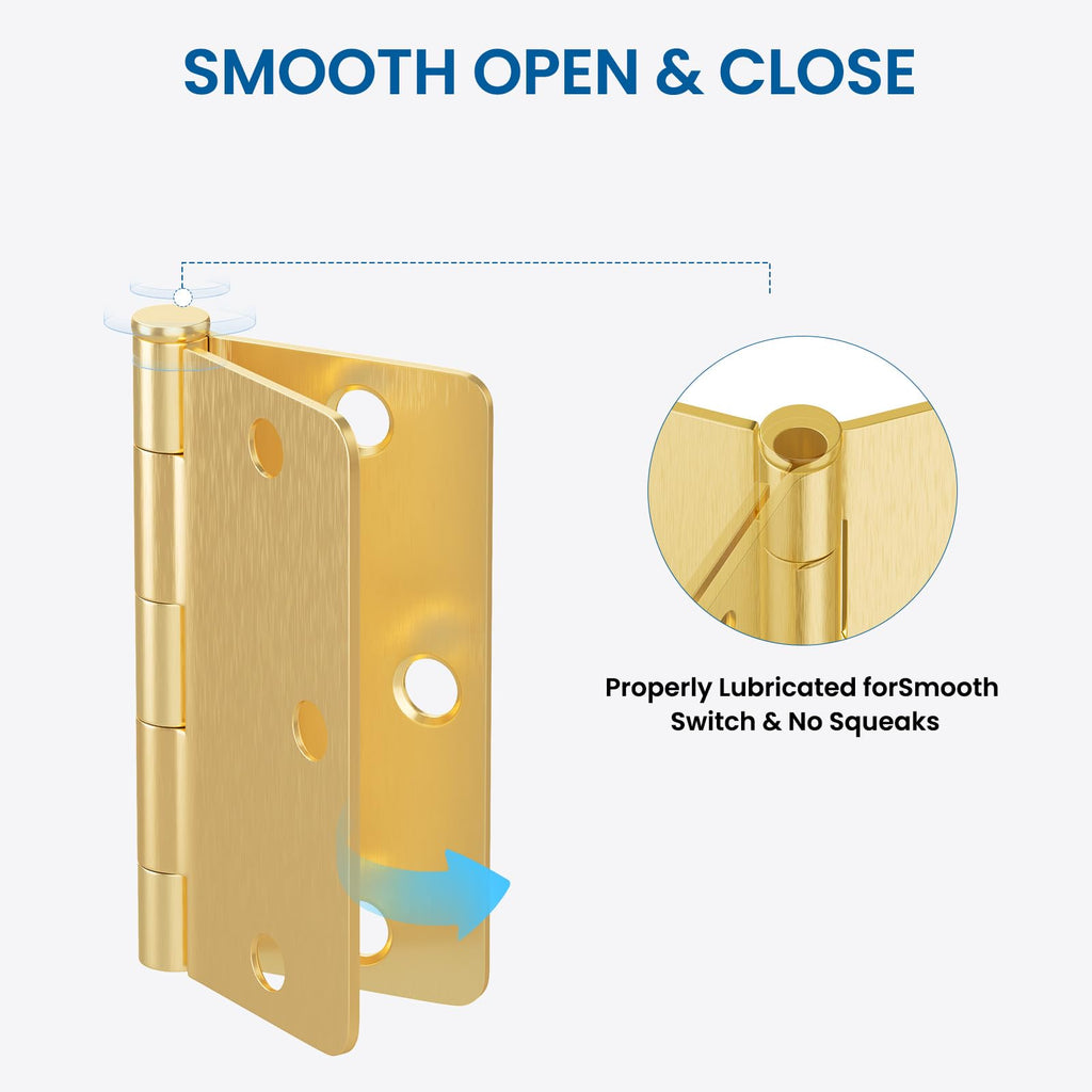 6 Pack Door Hinges Brushed Brass 3.5 Inch with 1/4" Radius Corners Rounded Satin Brass Interior Door Hinges 3 1/2"