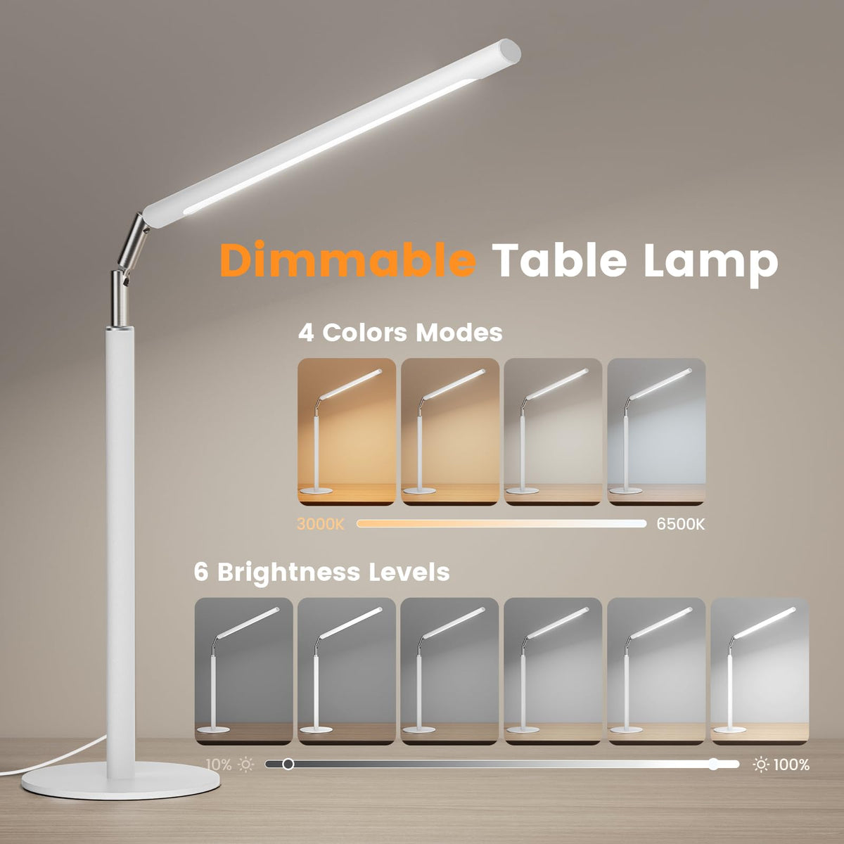White LED Desk Lamp, 16" Dimmable Metal Desk Light with Base, 15W 1200LM, Adapter Included, Color & Brightness