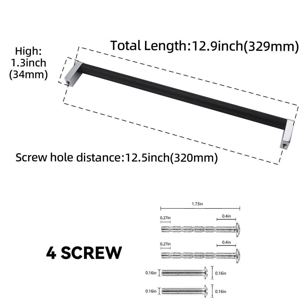 6 Pack 12-5/8 Inch(320mm) Matte Black and Polished Chrome Kitchen Cabinet Handles Knurled Cabinet Pulls Black Drawer