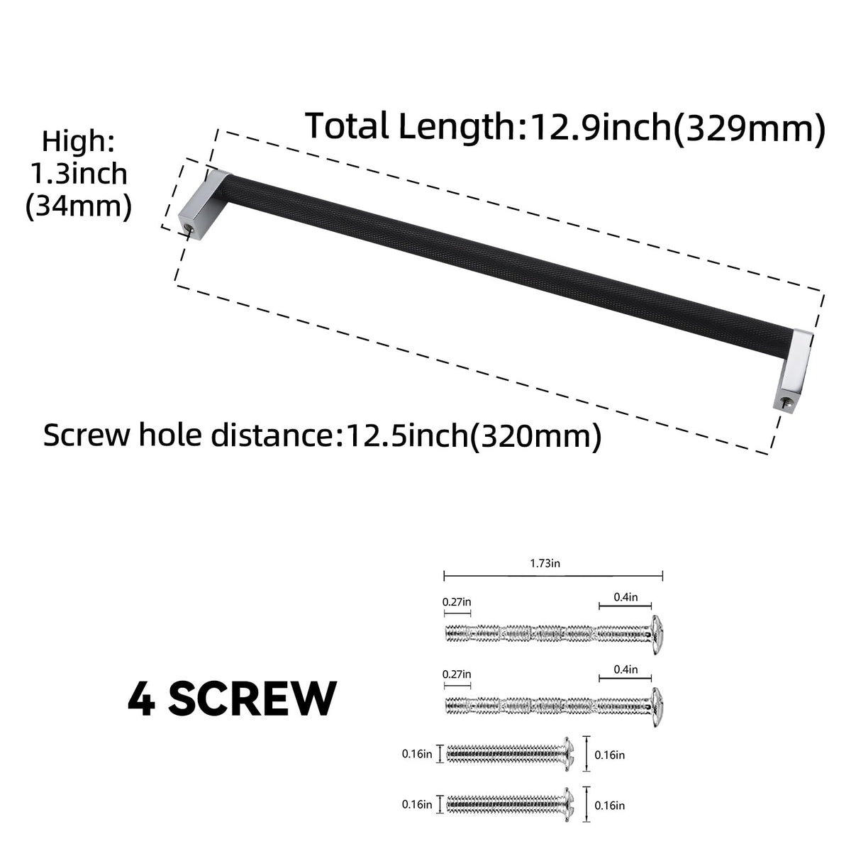 6 Pack 12-5/8 Inch(320mm) Matte Black and Polished Chrome Kitchen Cabinet Handles Knurled Cabinet Pulls Black Drawer