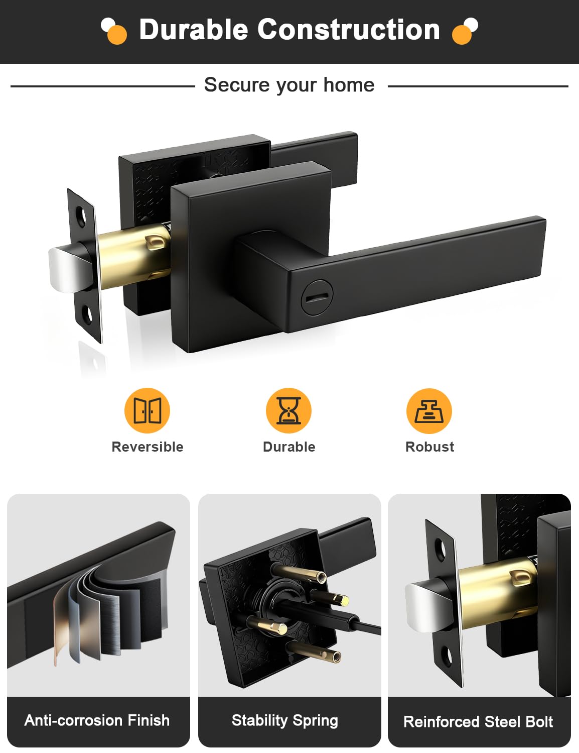 6 Pack Square Privacy Door Levers Locksets in Matte Black Finish, Bed/Bath Door Levers Keyless Interior