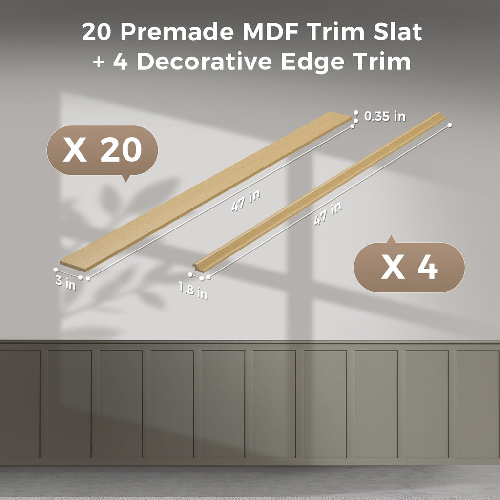 20 Pcs Paintable Board and Batten Wainscoting Kit with 4 Pcs Strips