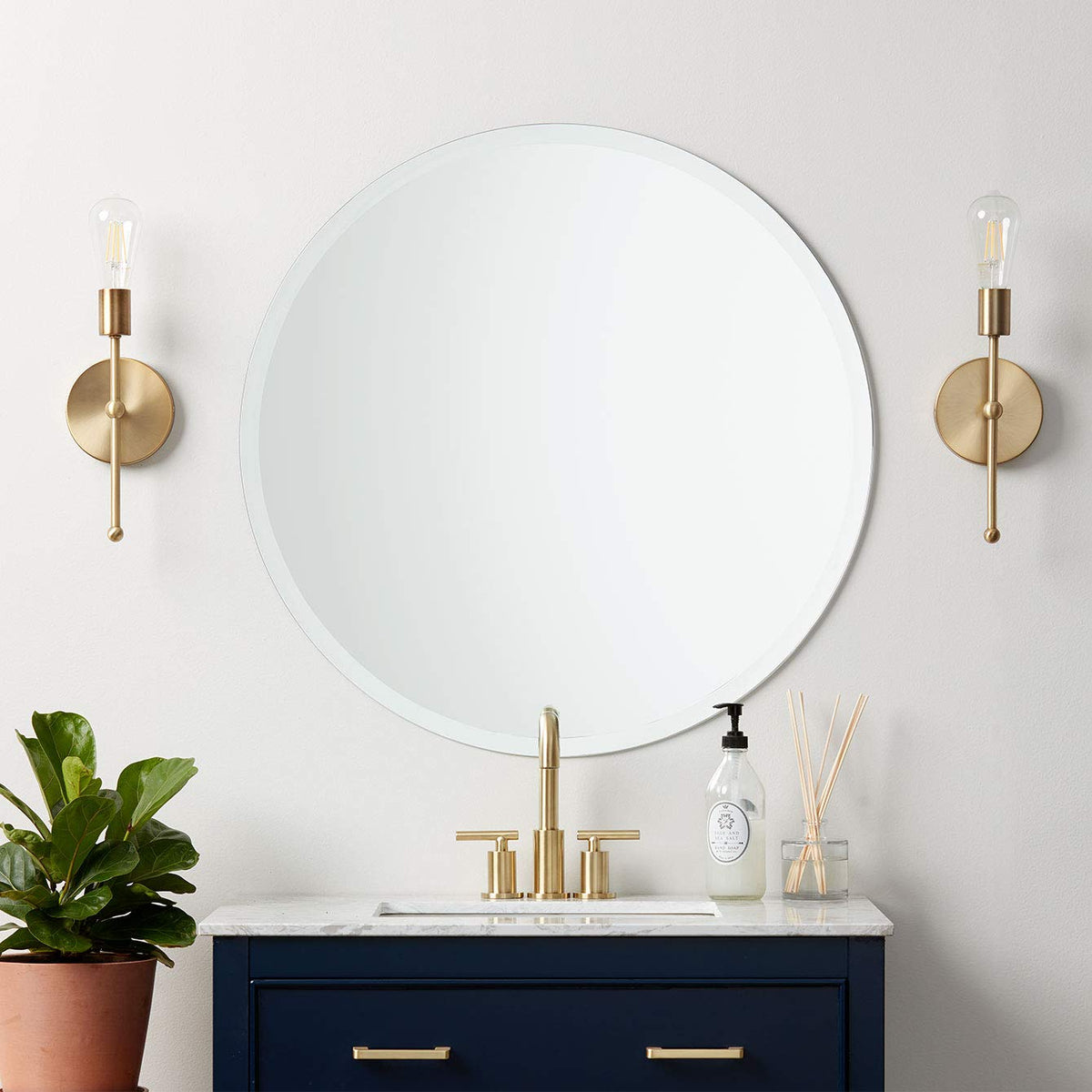 Frameless Round Mirror, 30" Diameter Circle Bathroom Wall Mirror w/Beveled Edge
