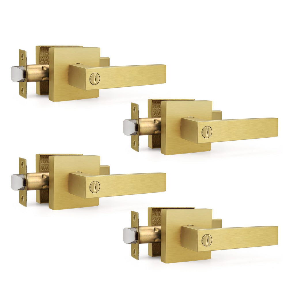 4 Pack Heavy Duty Gold Square Privacy Interior Door Levers, Satin Brass Finish, Bedroom and Bathroom Door Handles
