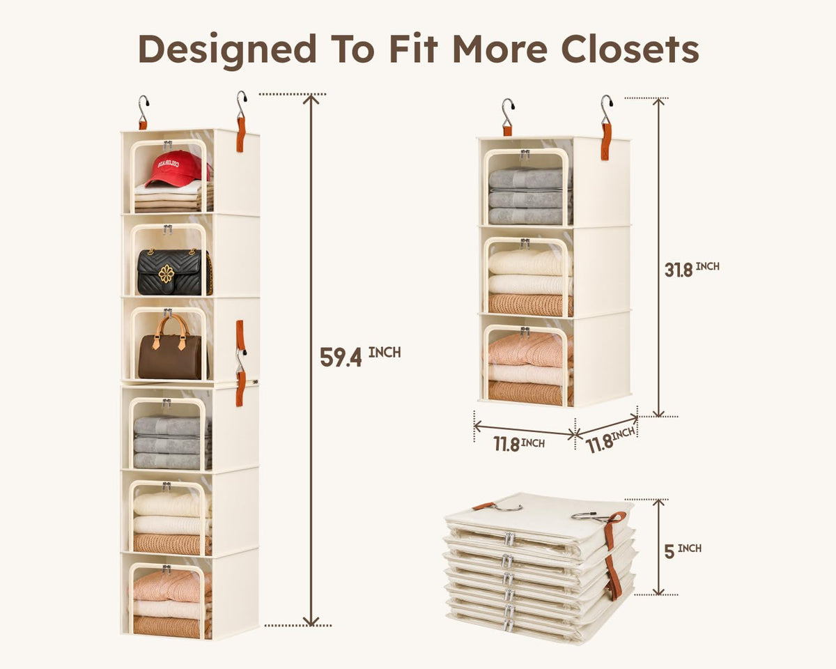 6-Tier Modular Hanging Closet Organizer Shelves, Beige