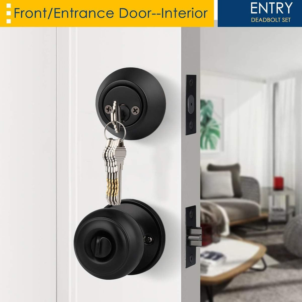 4 Pack Keyed Alike Entry Door Knobs and Double Cylinder Deadbolt Lock Combo Set, Matte Black Finished Door Lock Set