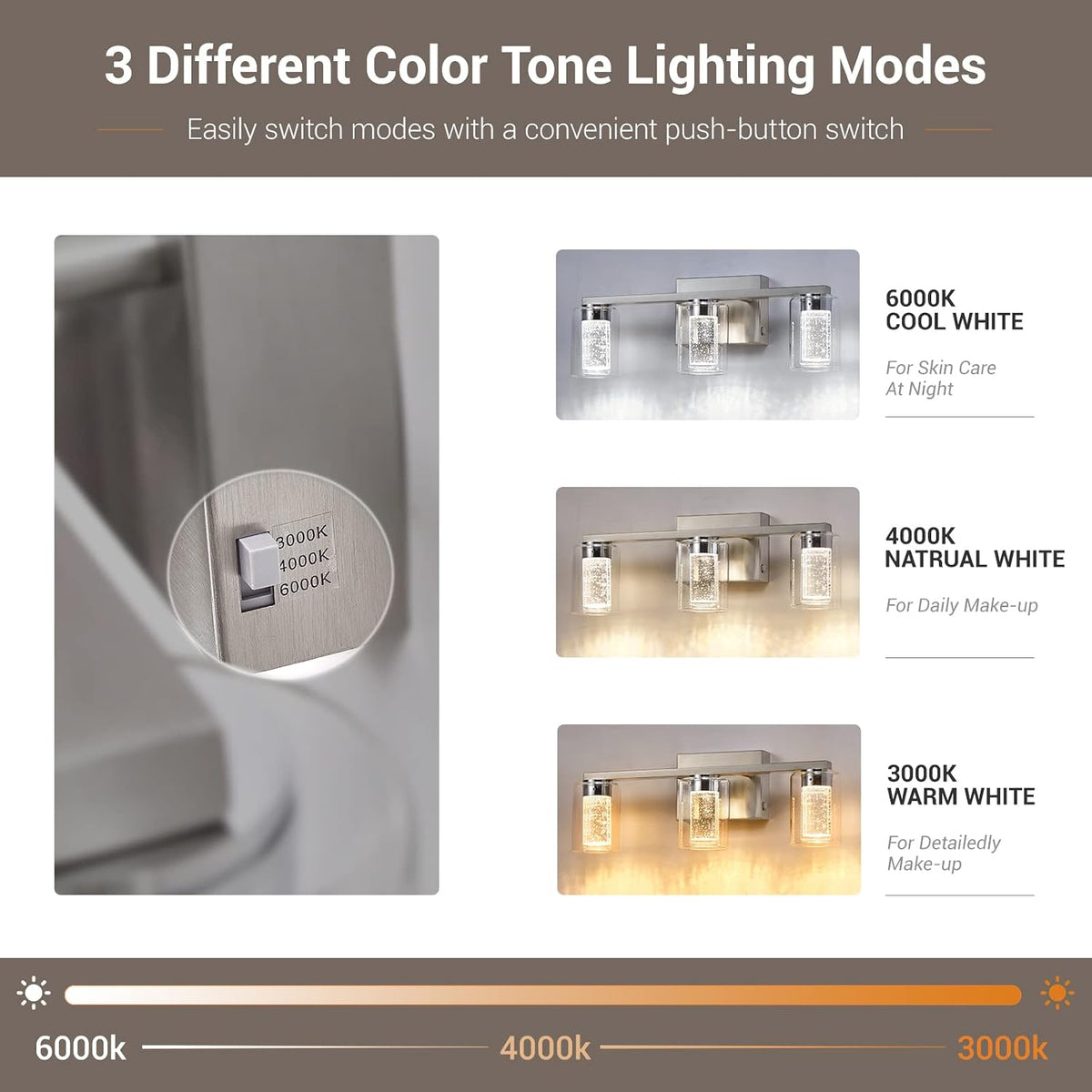 Bathroom Light Fixtures, 3 Light Brushed Nickel Bathroom Vanity Light over Mirror, 3 Color LED lights with Crystal