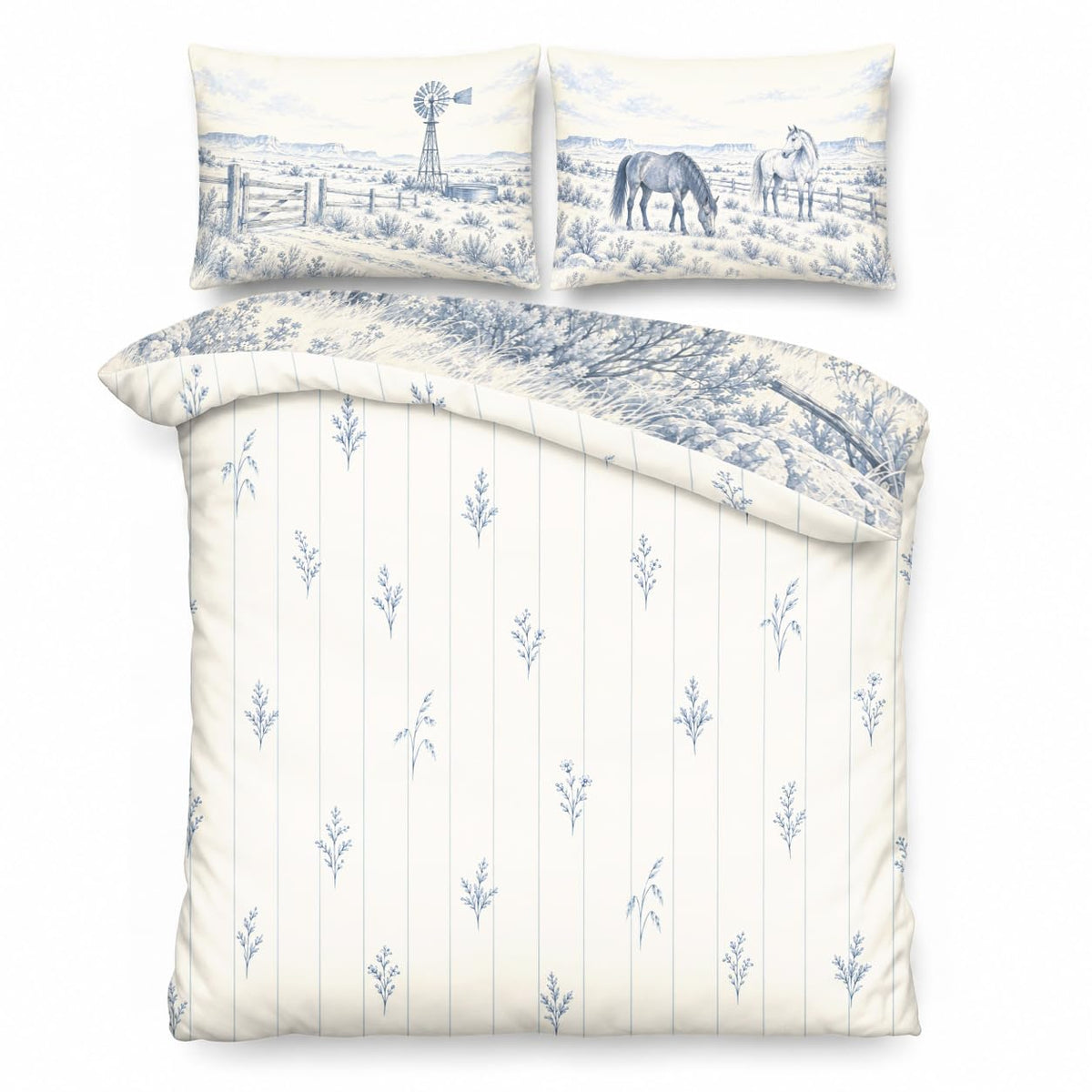 Western Ranch Duvet Cover Set 90x90, Dusty Blue Horse Toile Bedding