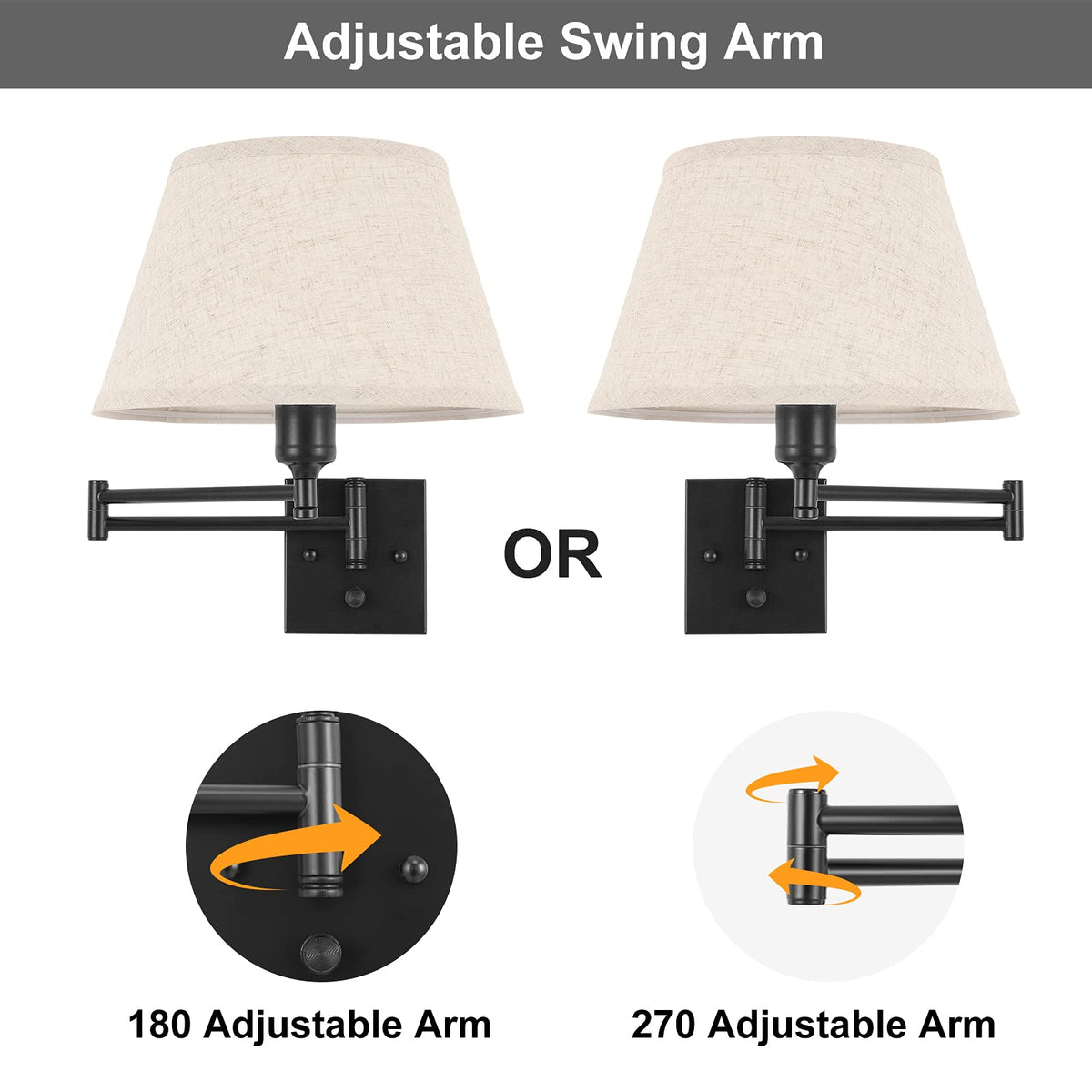Dimmable Wall Sconce Plug in, Wall Sconces Set of Two Swing Arm Wall Lights with Plug in Cord and On/Off Dimmer