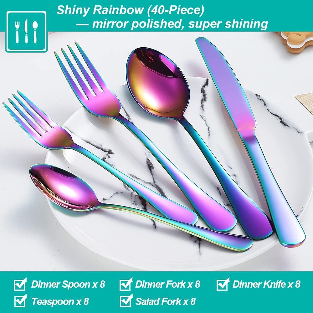 Rainbow Silverware Set,40-Piece Stainless Steel Flatware Set for 8
