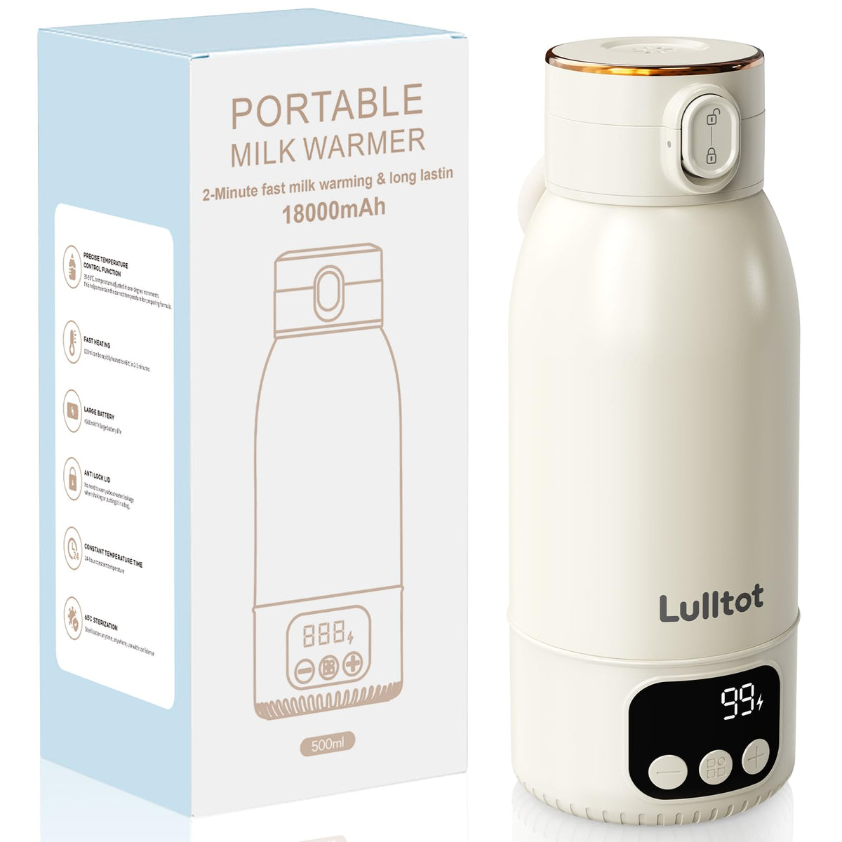 Portable Milk Warmer for Night Feeding, Heating for Breastmilk in 2-Min, Milk & Water Bottle Warmer with 18000mAh