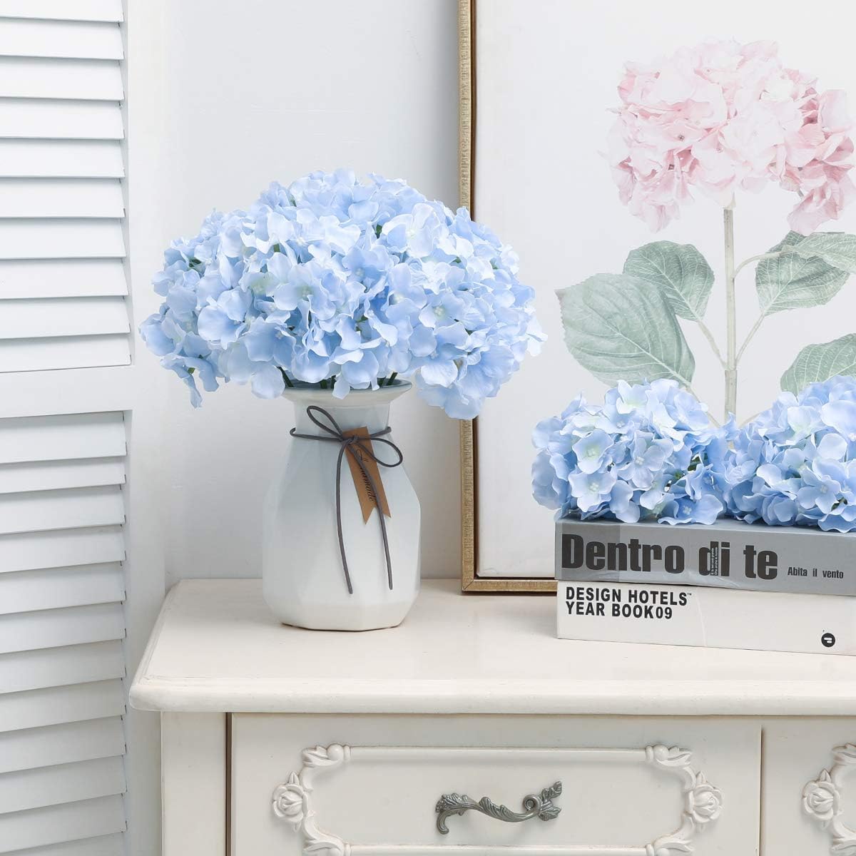 Fake Blue Hydrangea Artificial - Faux Silk Hydrangeas Heads with Stems Real Touch Wedding Party Table Decor(Blue, Pack