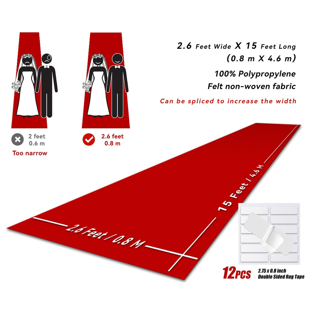 Red Carpet Runner for Party, 2.6 x 15 ft, 130 GSM Felt Fabric