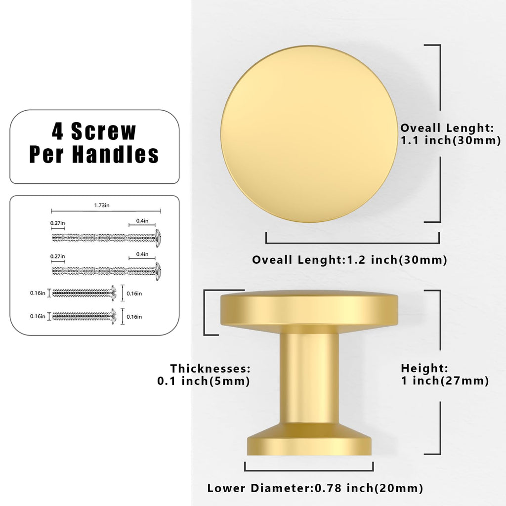 30 Pack Brushed Gold Cabinet Knobs 1-1/5 Inch(30mm) Single Hole Cabinet Pulls Round Kitchen Cabinet Knobs