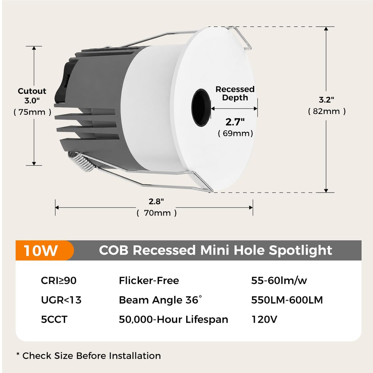 3 Inch 5CCT LED Pinhole Recessed Spotlight Lights with J-Box