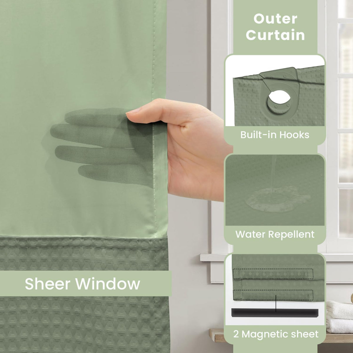 No Hook Shower Curtain with Snap-in Fabric Liner, Waffle Weave 230 GSM Polyester, Weighted Hem, Water Repellent
