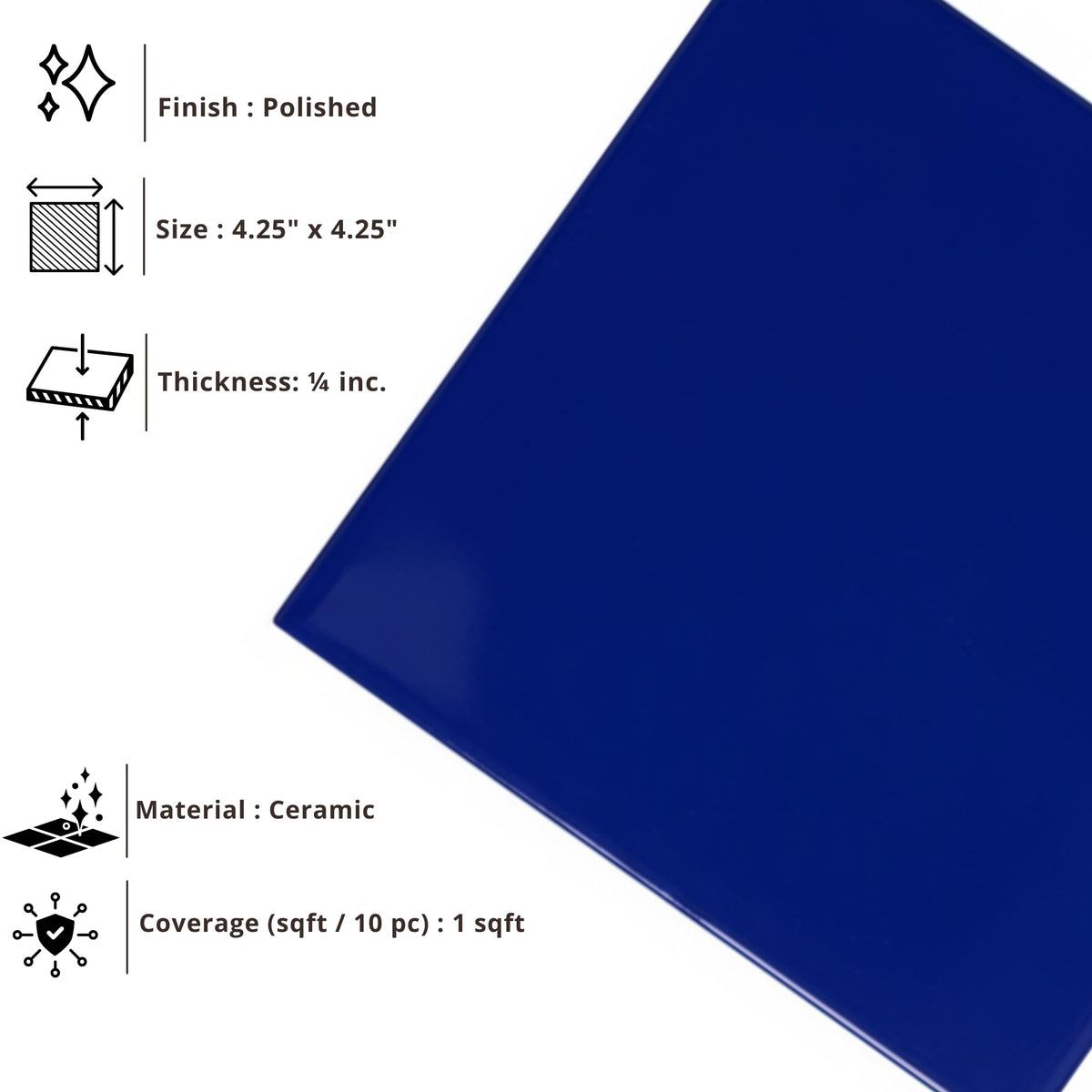 4.25x4.25 Inch Glossy Cobalt Blue Ceramic Wall Tile by - Box of 10 Pieces (1 Sq Ft) Backsplash, Bathroom, Shower &