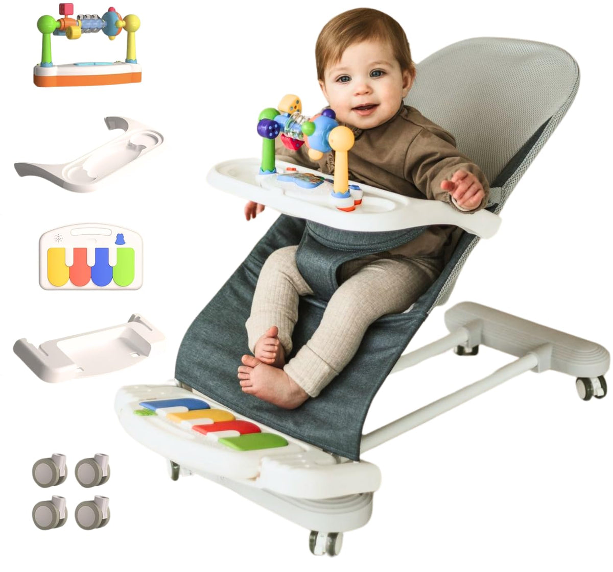 Bouncer in-1 |Pianos, Feeding Tray, Play Bar, Wheels| Blue
