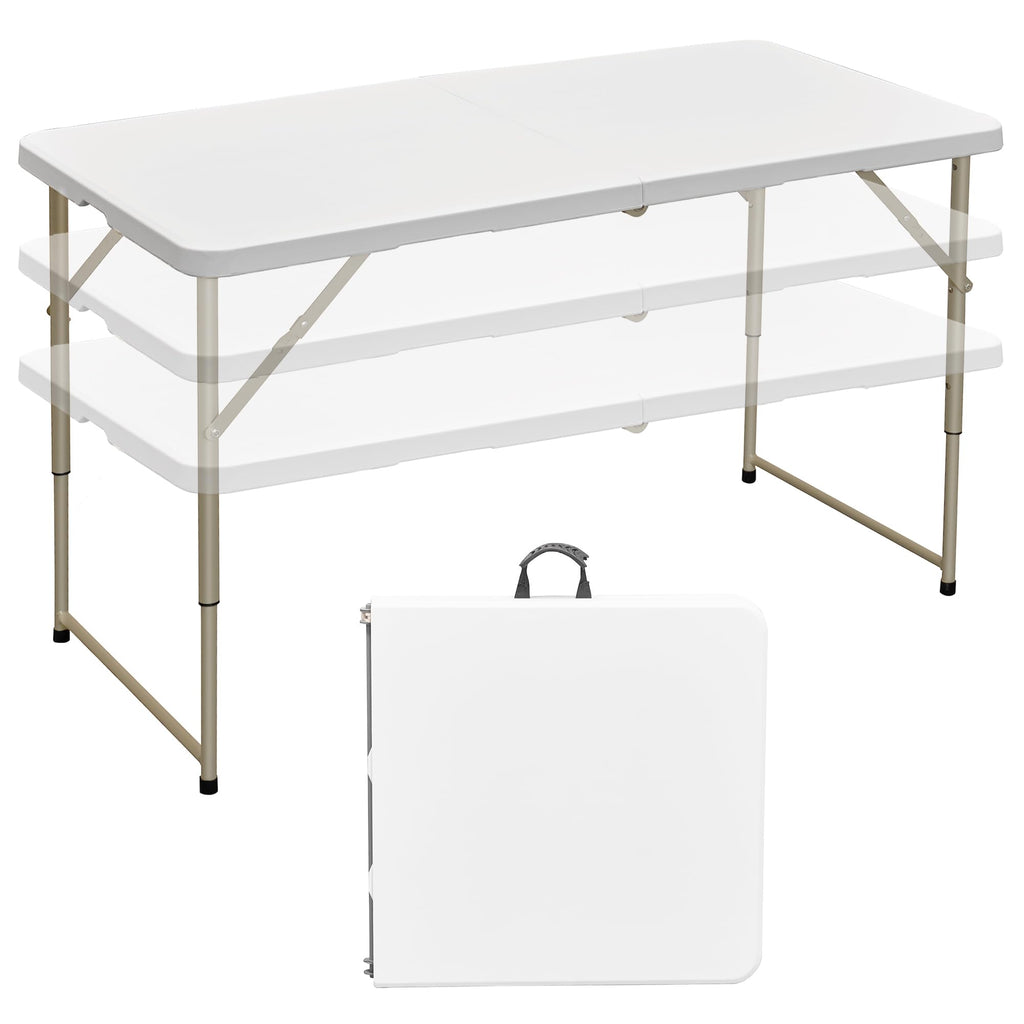 Folding Table 4 Ft, 3 Adjustable Height, Portable w/Handle, White