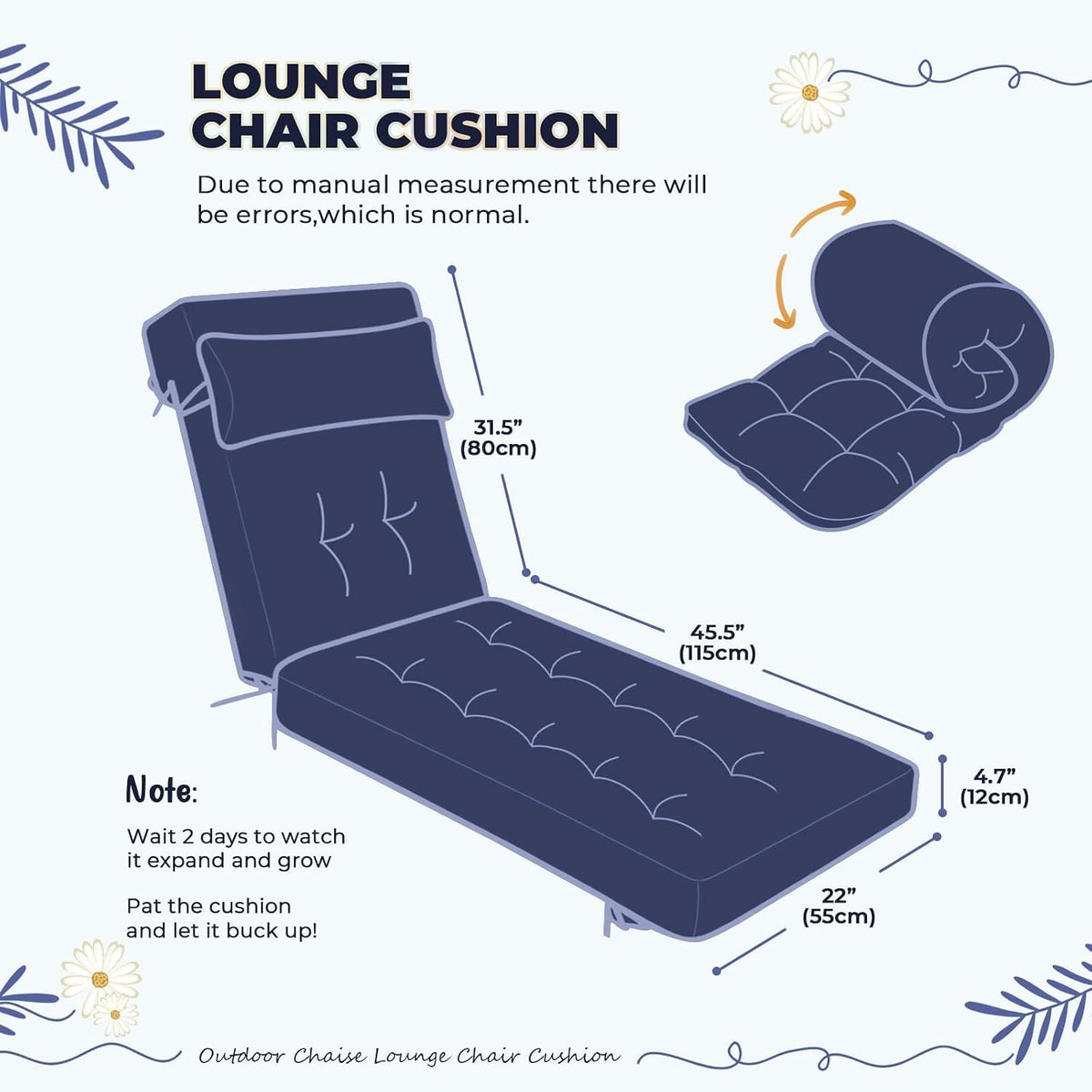 Waterproof Lounge Chair Cushion Set of 2, Outdoor Fade Resistant Chaise Lounger Replacement Cushions with 6 Ties