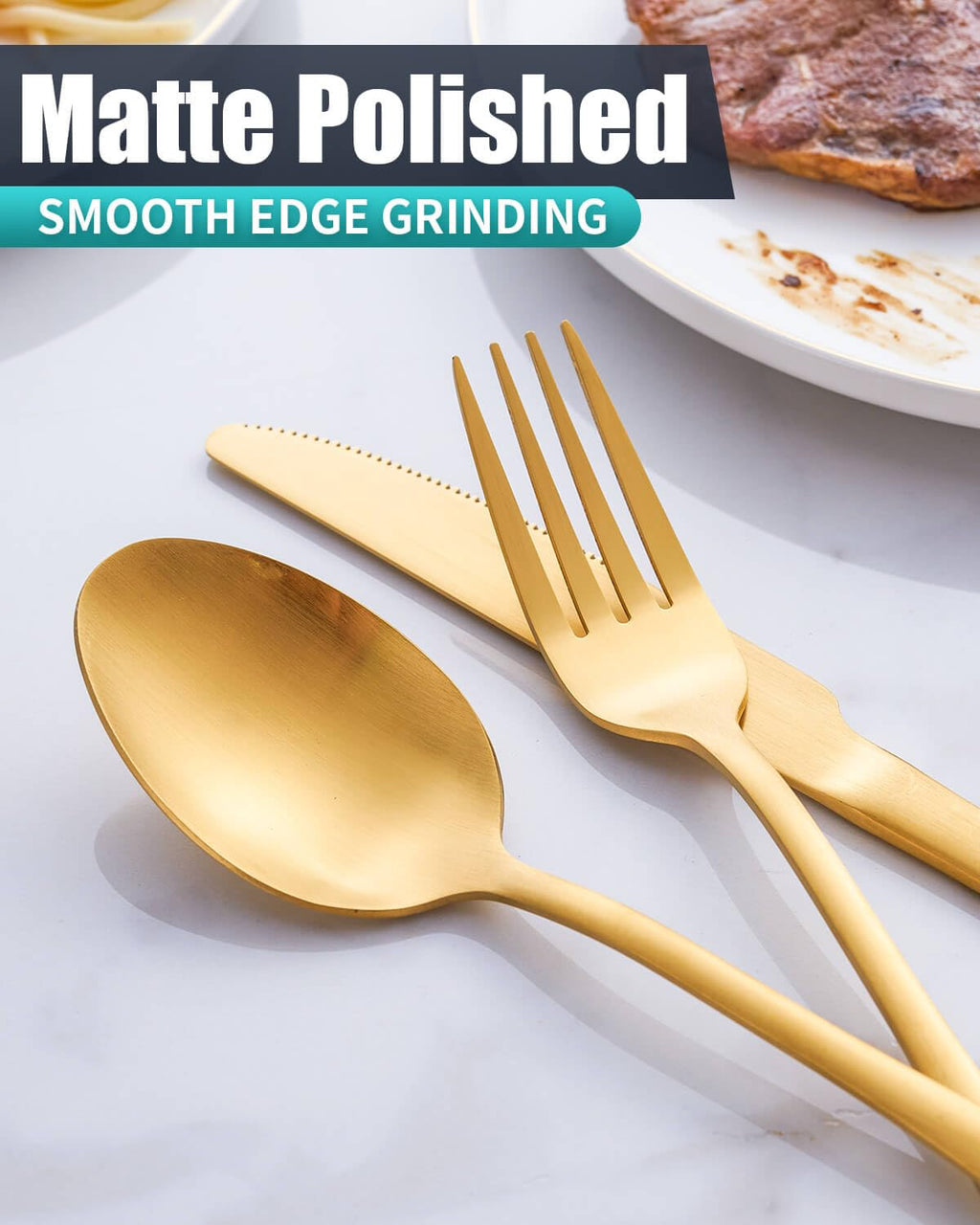 Matte Gold Silverware Set with Steak Knives,24-Piece Stainless Steel Flatware Set for 4,Modern Cutlery Utensils