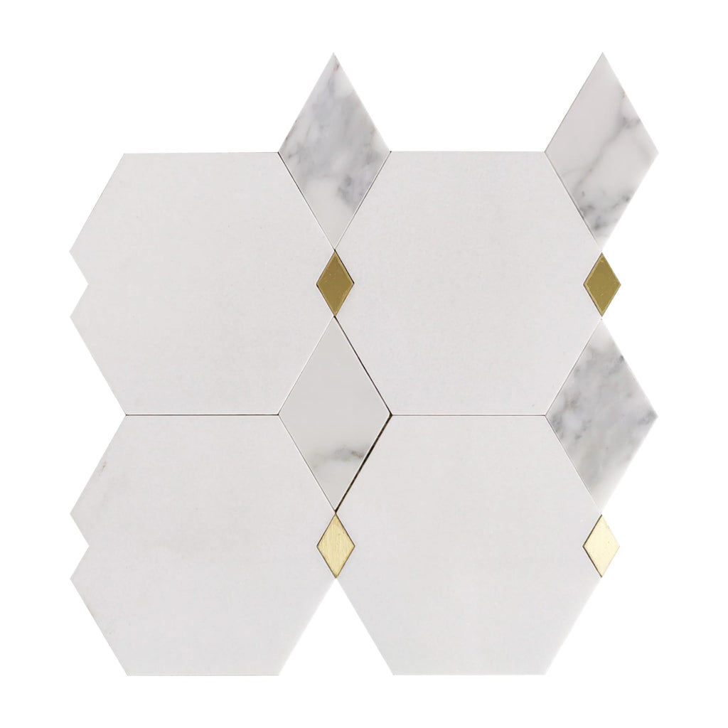 Calacatta Thassos Waterjet Mosaic, Marble with Brass, Polished, Wall Floor Tile