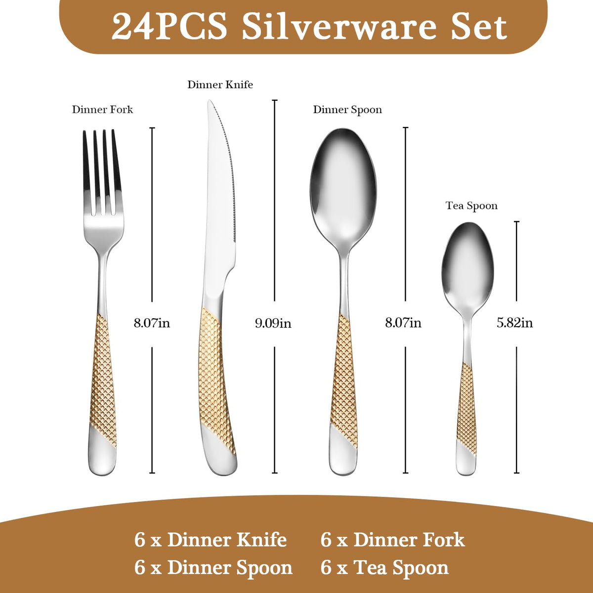 24 Piece Gold Hammered Silverware Set for 6, Premium Food-grade Stainless Steel Flatware Set, Luxury Design & Mirror
