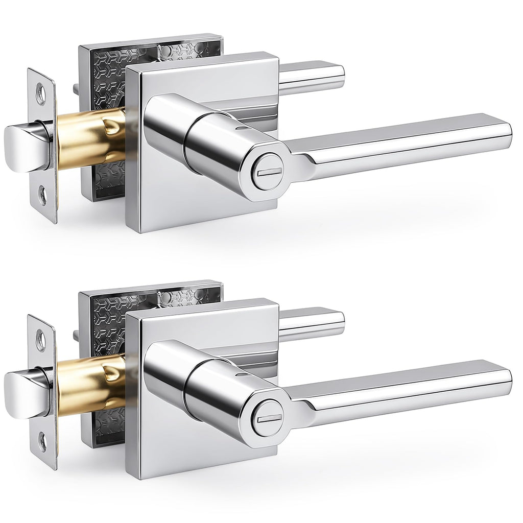 2 Pack Interior Privacy Door Handles, Polished Chrome Heavy Duty Levers with Lock Bathroom, Square Lockset Upgrade