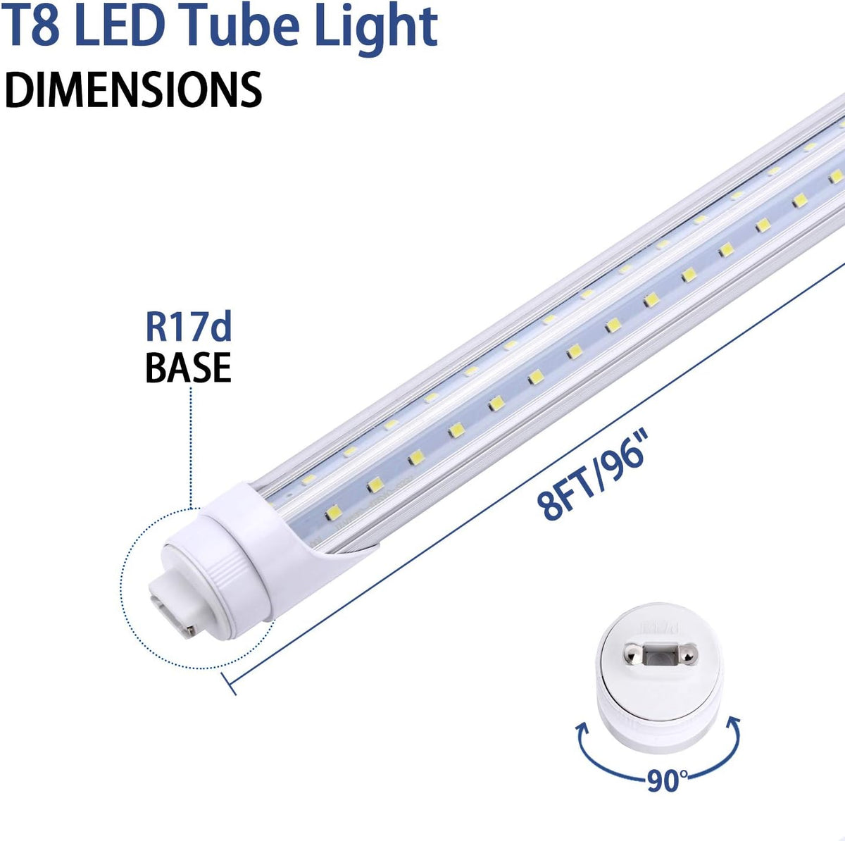 8FT LED Bulbs, V Shaped Dual Row Clear Cover 65W 6000K Cold White T8 8FT LED Tube Light with R17D Rotatable