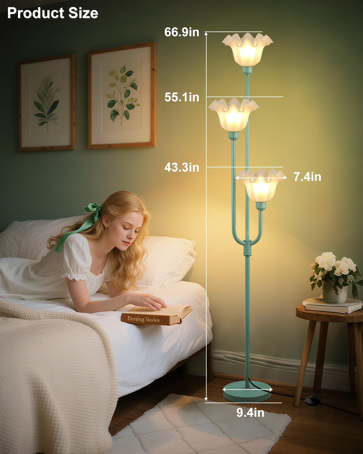 66 Inch Flower Green Floor Lamp Bedroom Office, 3-Light Mid Century Standing Lamp with 3000K Warm White LED Bulbs