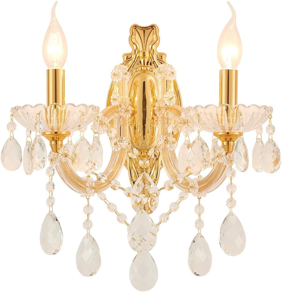 Two-Light Gold Traditional Crystal Sconce, Candle-Style Vanity