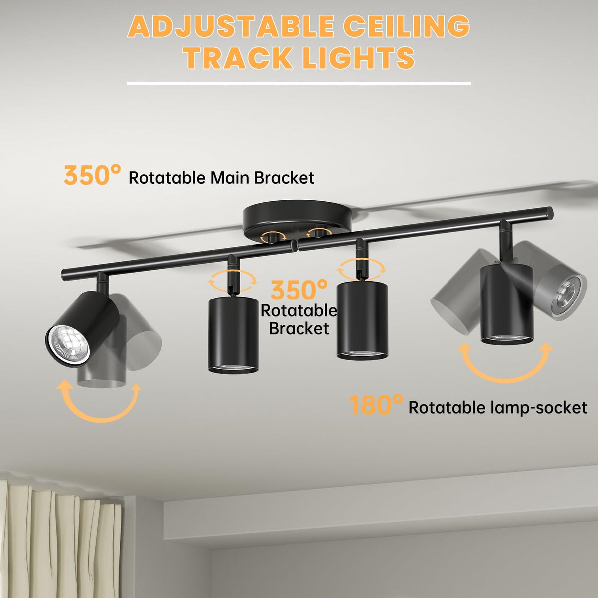 4 Light Track Lighting Kit, 23.6" 4 Way Ceiling Spotlights Fixture