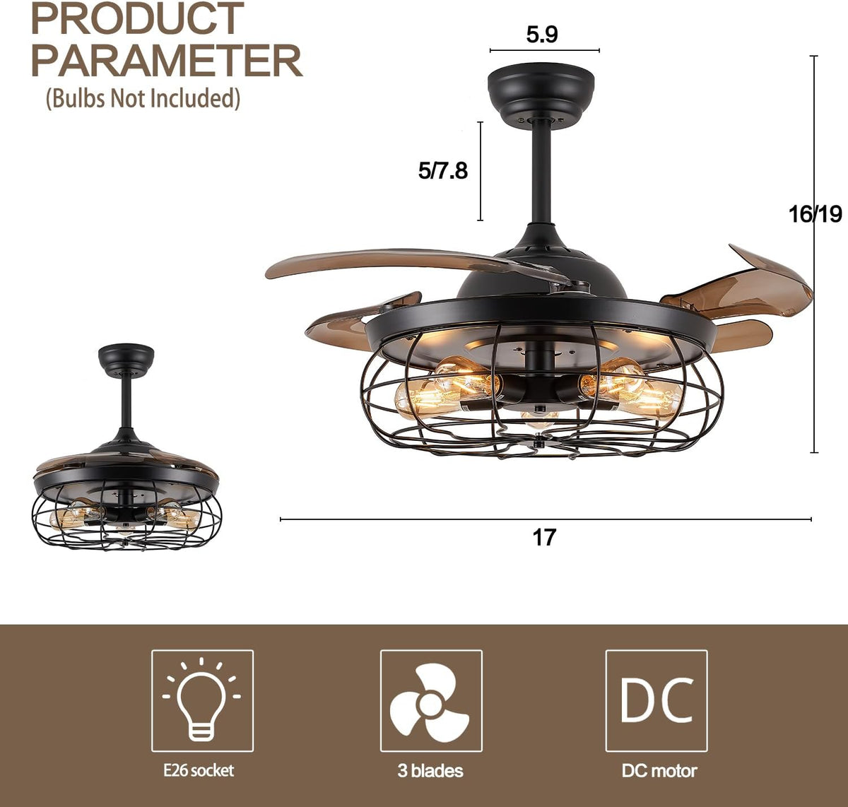 36" Retractable Ceiling Fan, Industrial Retro Caged Ceiling Fans with Remote Controller Vintage Style Rustic