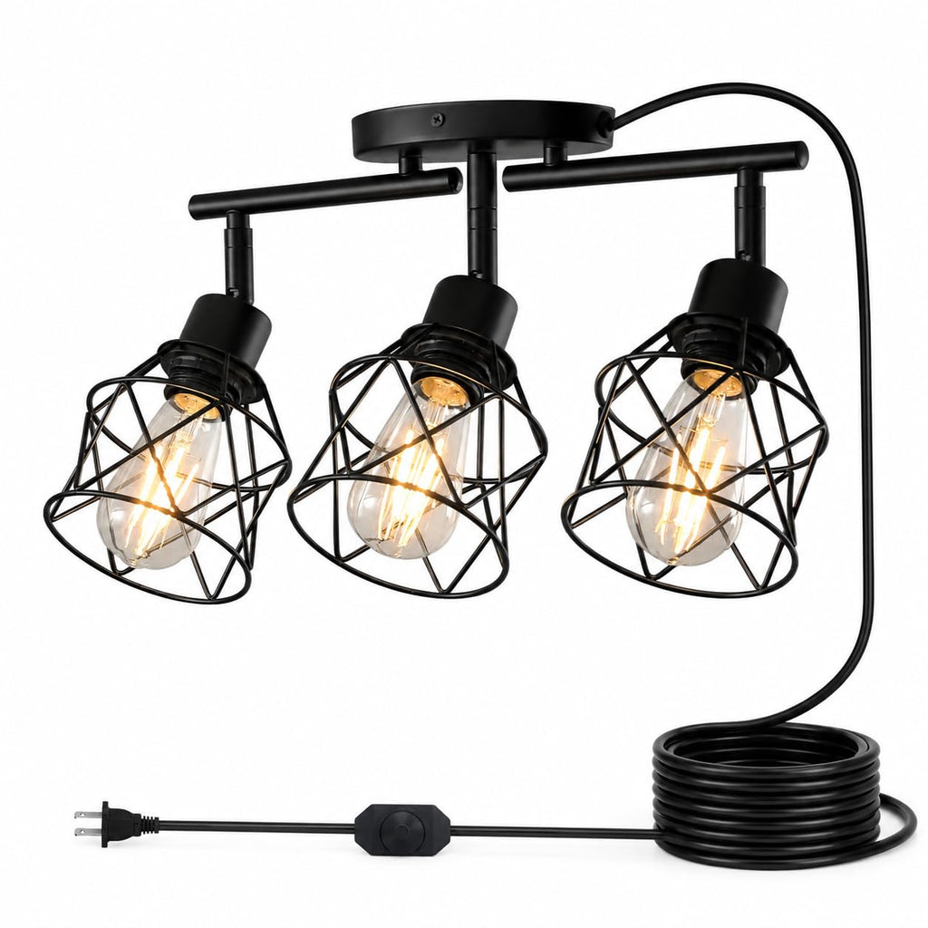 Dimmable Plug in Ceiling Light,Plug in Track Lighting,3 Light Black Industrial Farmhouse Ceiling Light with 16.5'