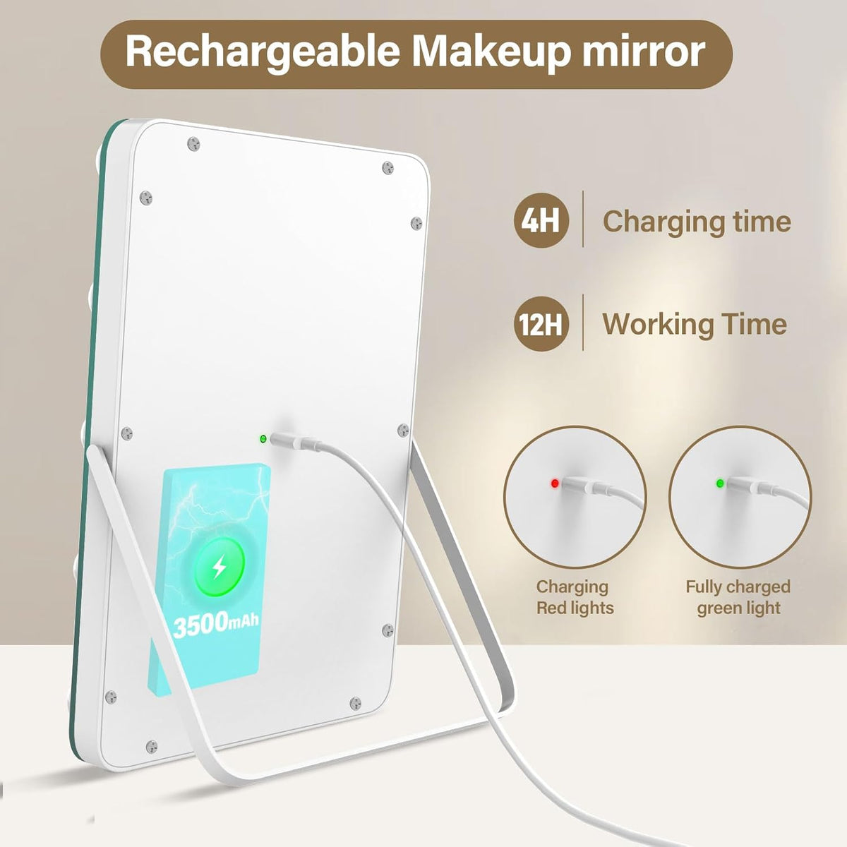 Vanity Mirror with Lights, Rechargeable Makeup Mirror, 14.6" Lighted Makeup Mirror for Dressing Room & Bedroom，Memory