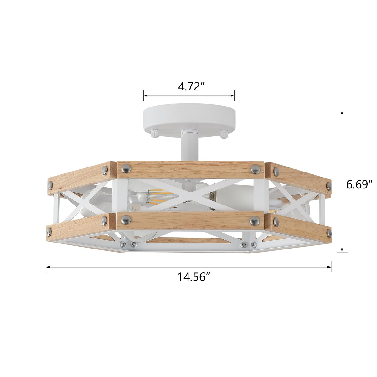 3-Light Modern Farmhouse Wood Flush Mount Ceiling Light Fixture 14.5 inch Vintage Natural Wood and Metal Cage Semi