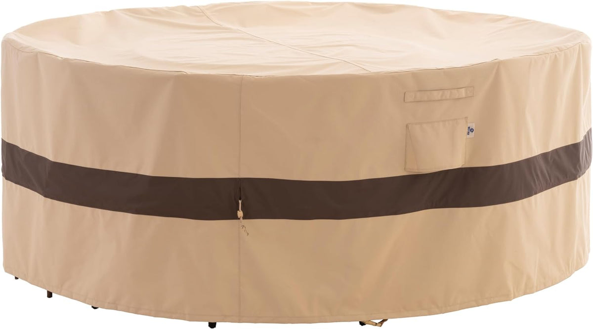 XL Round Patio Outdoor Furniture Cover, 110"D x 31"H, Beige & Coffee | Waterproof, UV Resistant, Anti-Fading
