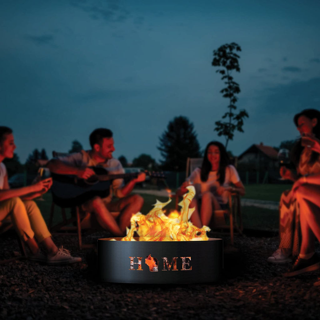 Unpainted 12 in. Tall 30 in. Diameter Outdoor Fire Ring with Fire Poker - 30 x 30 x 12 in. - Rustic