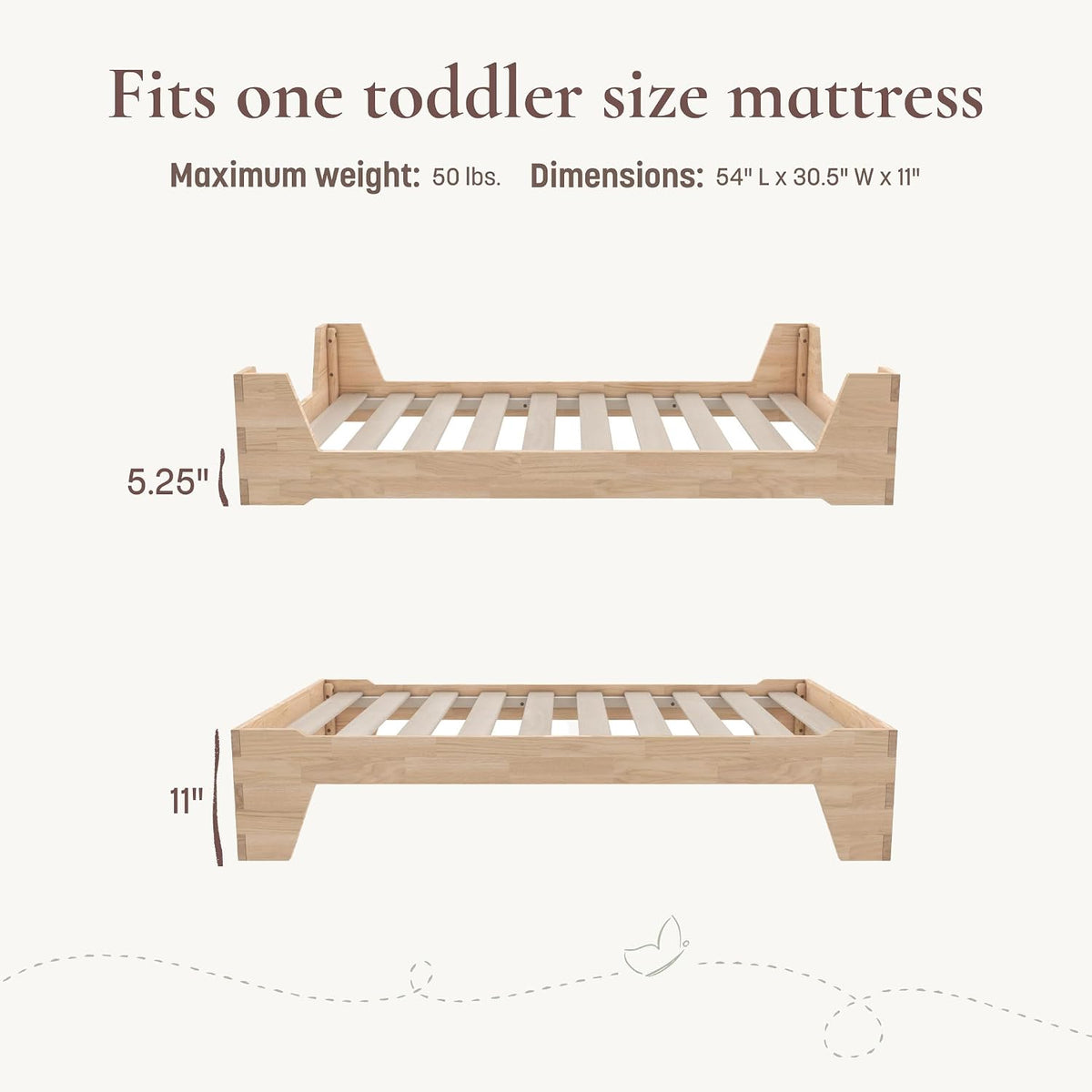 Maverick Montessori Toddler Floor Bed with 2 Heights, Natural Wood Grain