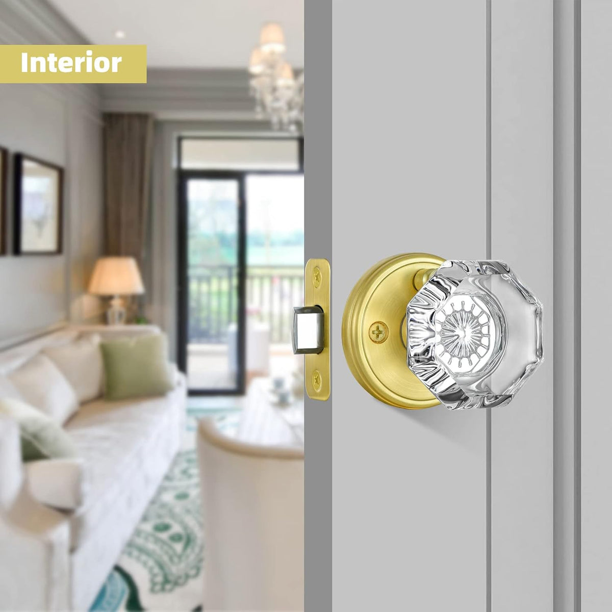 Gold Door Knob with Lock, Octagon Crystal Glass Door Knobs for Interior Door, Privacy Function Bathroom Bedroom Door