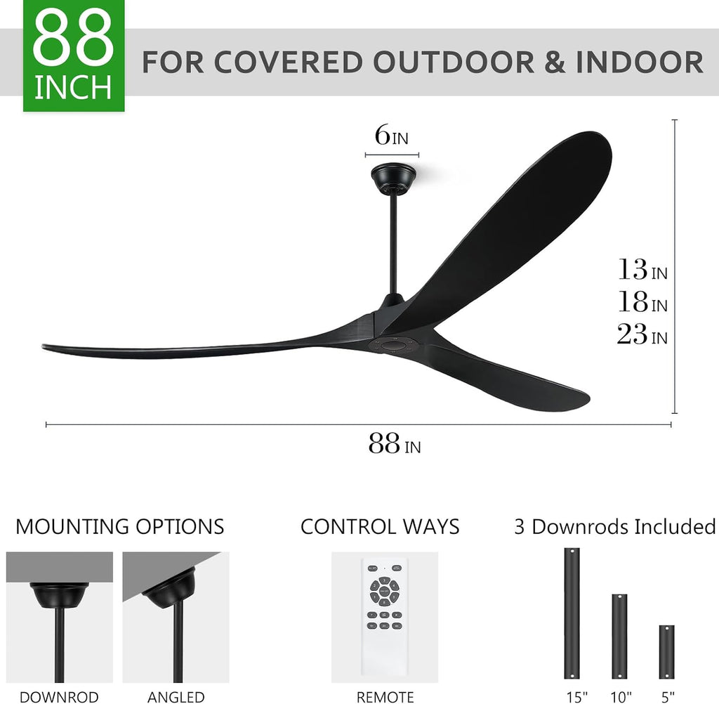 88" Wood Indoor/Outdoor Ceiling Fan with Remote, No Light