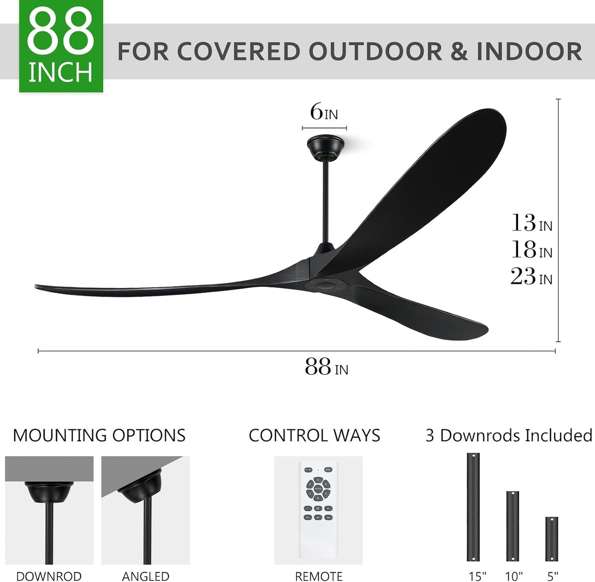 88" Wood Indoor/Outdoor Ceiling Fan with Remote, No Light