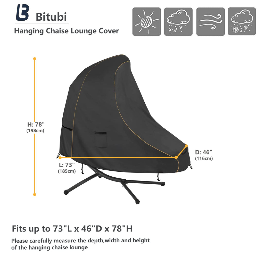 73 Inch Patio Hanging Chaise Lounge Cover - Classic Black 600D Tough Canvas Heavy Duty Waterproof Outdoor Curved