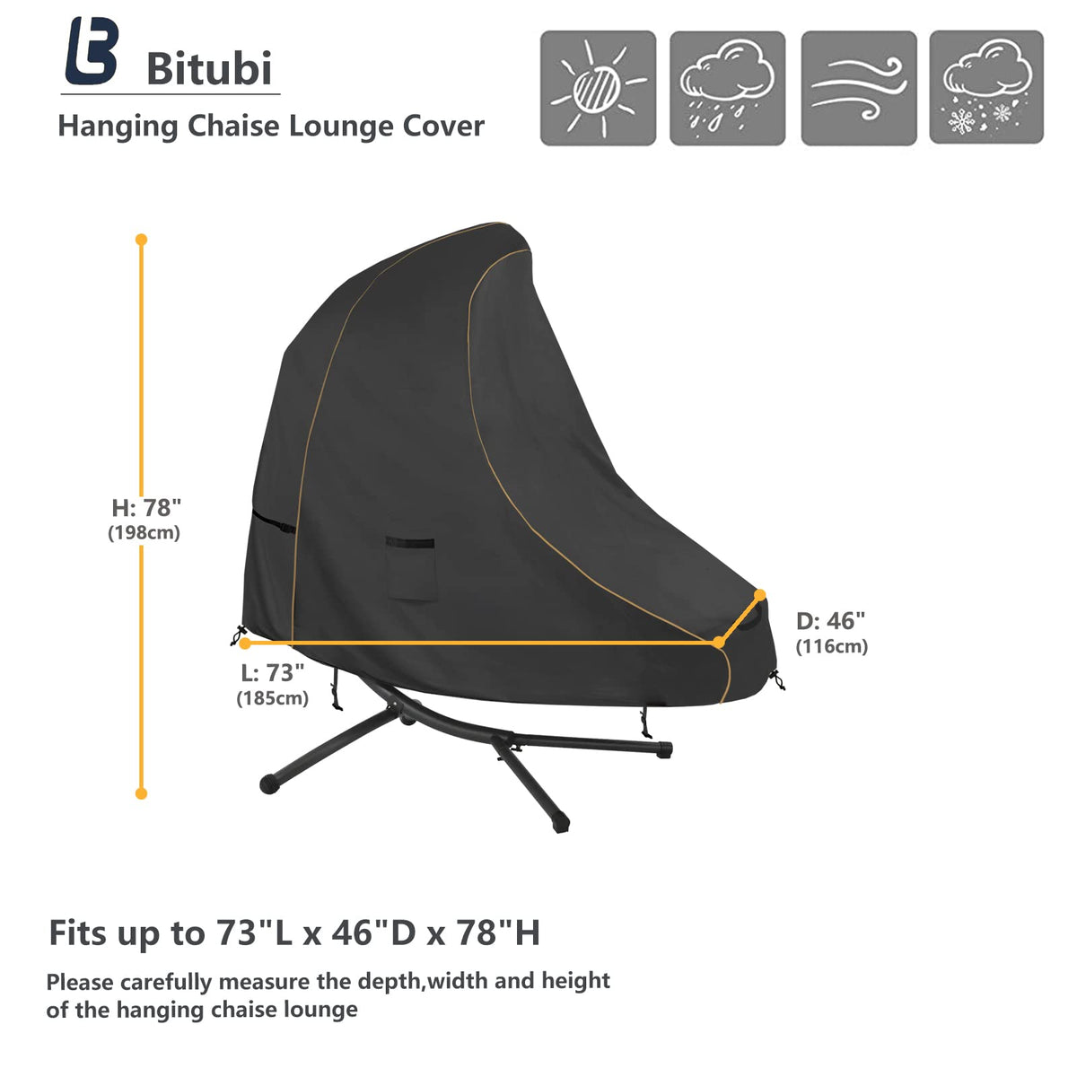 73 Inch Patio Hanging Chaise Lounge Cover - Classic Black 600D Tough Canvas Heavy Duty Waterproof Outdoor Curved