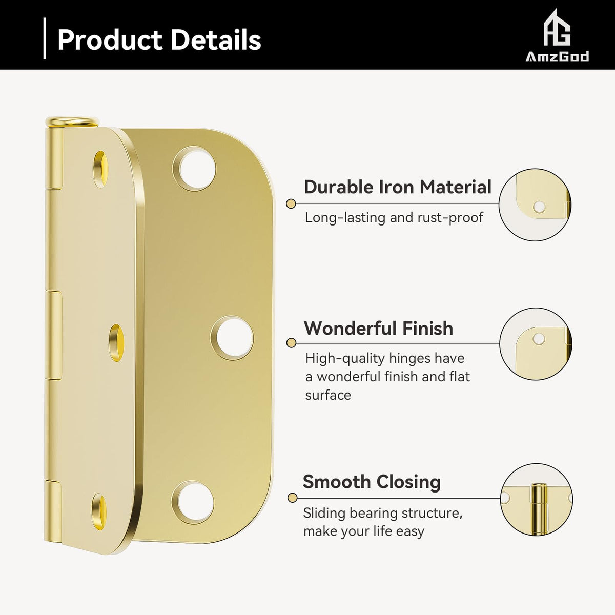 Door Hinges Polished Brass - 12 Pack Gold Door Hinges 3.5 Inch Rounded Interior Door Hinge with 5/8" Radius - 3 1/2