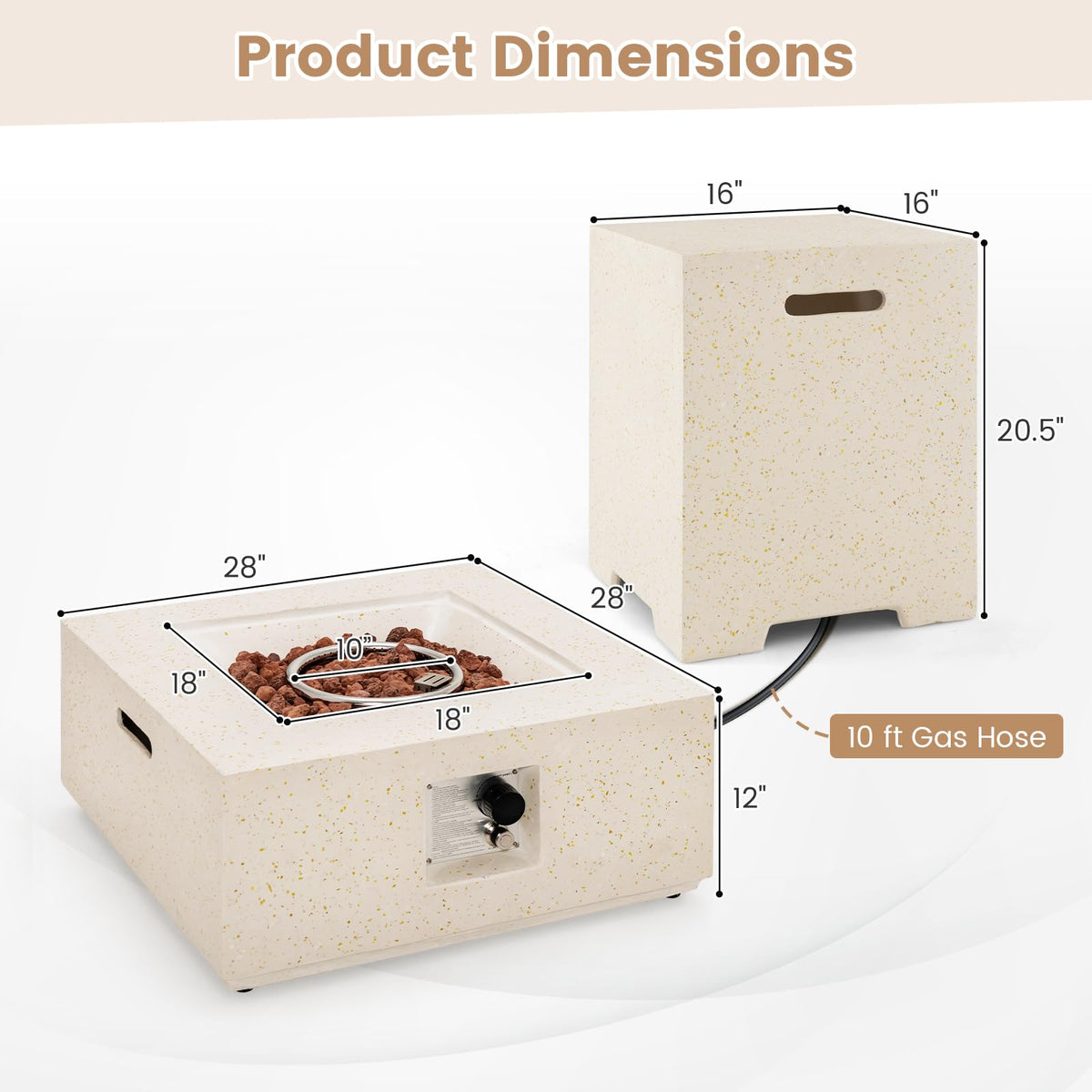 28 Inch Patio Propane Fire Pit Table with Hideaway Tank Holder, 40, 000 BTU Terrazzo Gas Fire Table with Lava Rocks