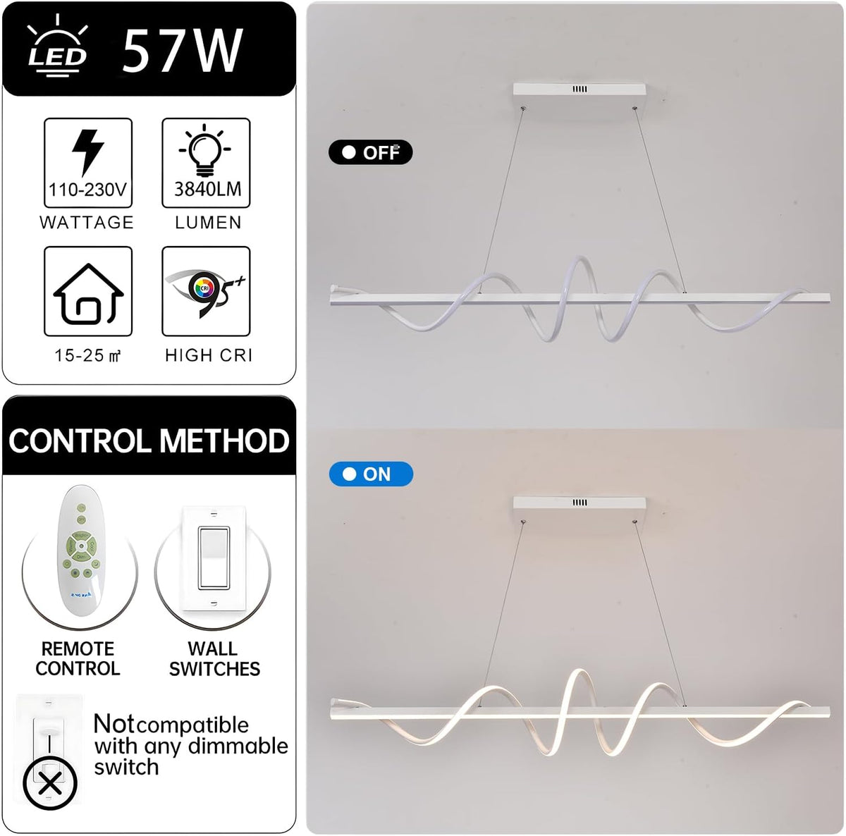 47.24inch Dimmable LED Pendant Chandelier 3000K-6500K Color Brightness Adjustable with Remote